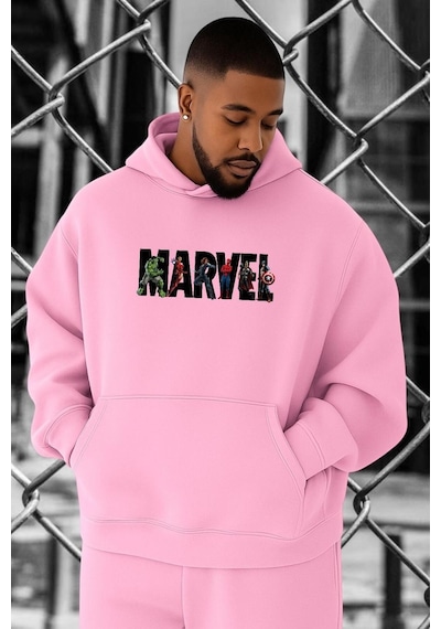 Benroma 3 İplik Penye Marvel Baskılı Büyük Beden Sweatshırt Pembe