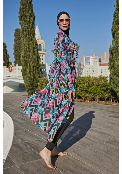Remsa Mayo Remsa Tesettür Mayo Üzerine Tek Kaftan Kimono Pareo Rp018 Ananas Siyah