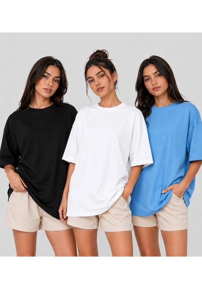 Polymood Kadın 3'lü Set Oversize %100 Organik Pamuk Yakası Ribanalı T-shirt Siyah-beyaz-pudra Polymood Kadın 3'lü Set Oversize %100 Organik Pamuk Yakası Ribanalı T-shirt Siyah-beyaz-pudra