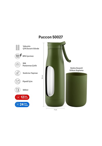Haki 500 Ml Çelik Okul Matarası - Silikon Gövdeli Nokta Çelik Termos - 50027 Diğer