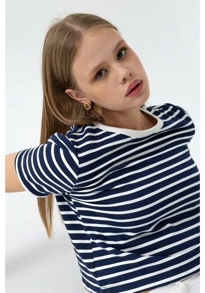 Giysa Kadın Bisiklet Yaka Kısa Kollu Çizgili Sweatshirt Lacivert - Ms0001301 Lacivert