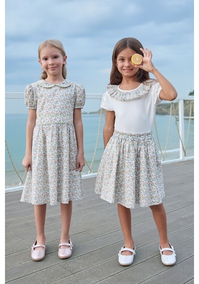 Made With Liberty Fabric Liberty Kumaş Beli Lastikli Kız Çocuk Etek Krem