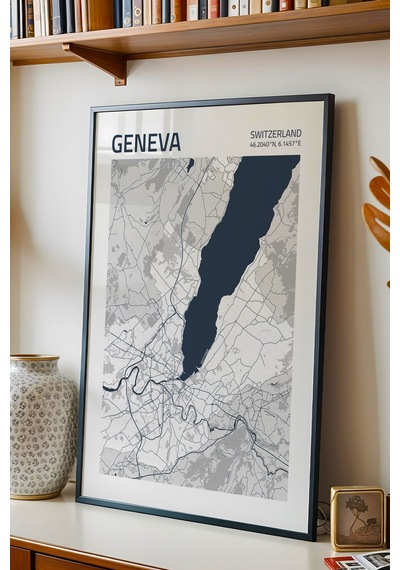 Cenevre İsviçre Switzerland Haritası Çerçeveli Tablo Lüks Salon Ofis Duvar Dekorasyonu Tablo