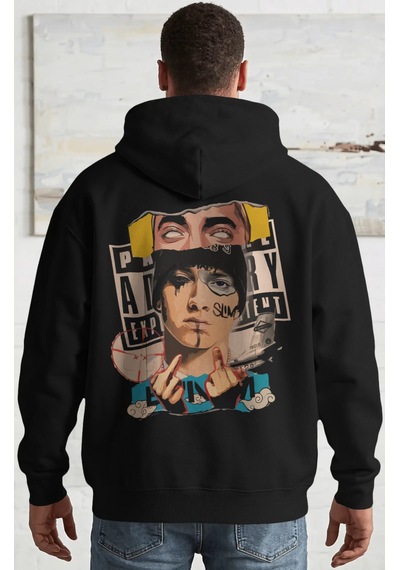Sevbano Eminem Rapper Şarkıcı Sırt Baskılı Unisex Oversize Penye Hoodie Siyah