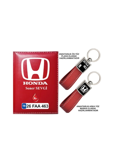Plakanıza Özel Honda Logolu Kırmızı Ruhsat Kabı Ve Anahtarlık