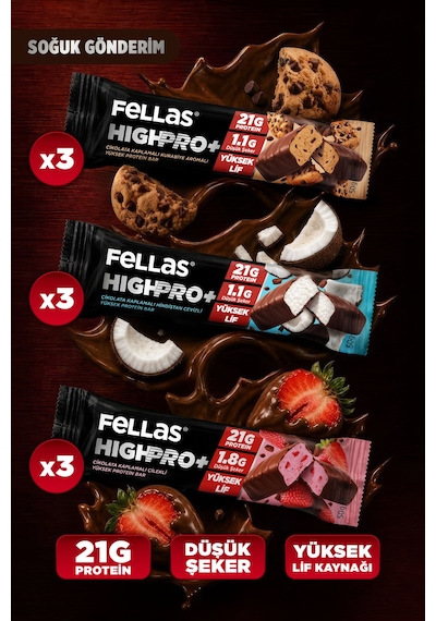 Fellas Çikolata Kaplı Highpro Protein Bar 50gr Karma Kutu 3 X 3