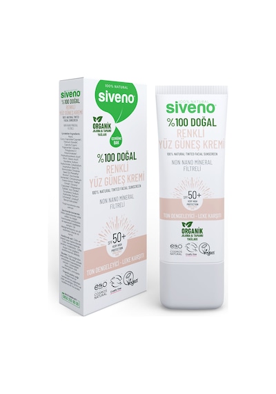 Siveno %100 Doğal Yüz Güneş Kremi Renkli Ton Eşitleyici Leke Karşıtı Uva Uvb Spf 50+ 30 ML