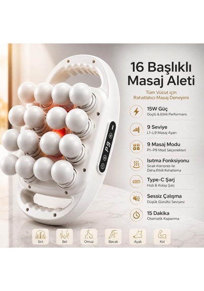 16 Başlıklı Isıtmalı Masaj Aleti, 9 Seviye 9 Masaj Modu, Sıcak Kompres Fonksiyonlu, Type-c Şarjlı, Dijital Ekranlı, Çift Tutma Kollu Tüm Vücut Masaj Cihazı, 15w, Beyaz