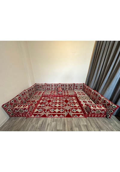 Coton Şark Köşesi Minderi Otantik Desenli Kilim Takımı Kırmızı