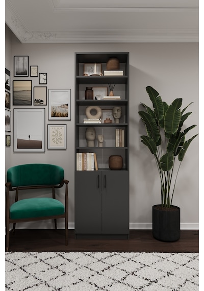 Asra Trend K-38 %100 MDF 60 cm Kapaklı Kitaplık Raflı Ofis Dosya Dolabı Koyu Gri