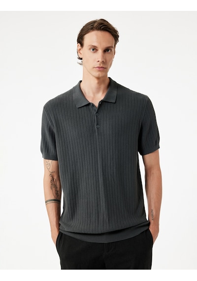 Koton Regular Fit Kısa Kollu Pamuklu Dokulu Düğmeli Polo Yaka Triko Tişört Gri 7wam70044ht