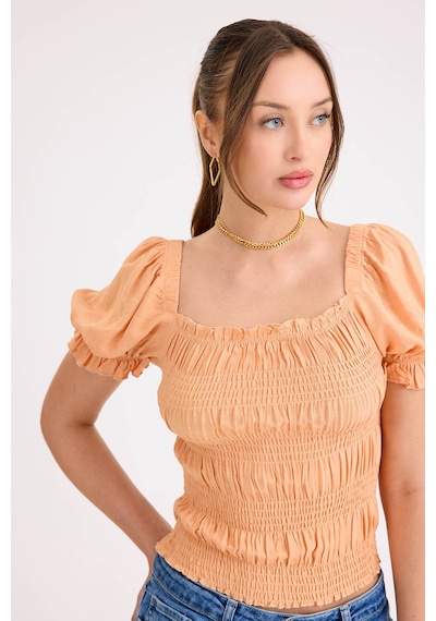Vitrin Kare Yaka Viskon Keten Crop Bluz Kayısı