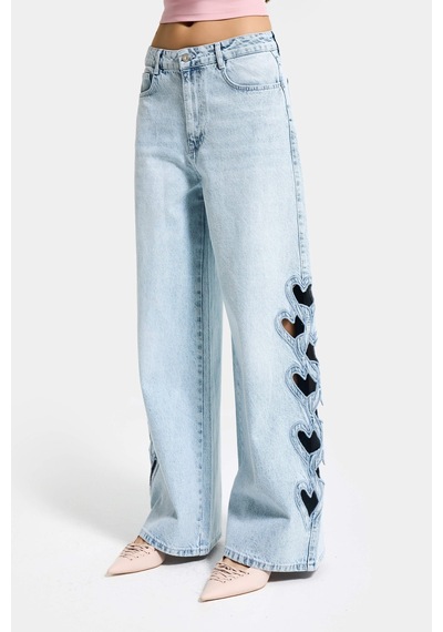 Itsbasic Kadın Ice 4s6-3 Süper Baggy Kalp Nakış Detaylı Özel Tasarım Denim Jean Buz Mavi