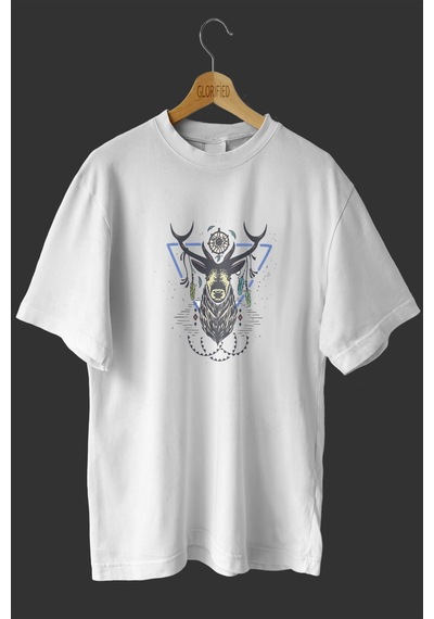Noıssey -wed Geyik Tasarım Baskılı Oversize T-shirt Tişört Beyaz