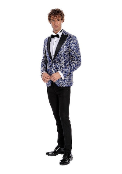 Wessi Işıltılı Sarmaşık Desenli Slim Fit Mavi Erkek Smokin Ceket Mavi