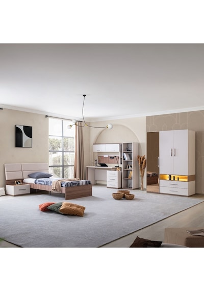 Milano Genç Odası - 3 Kapaklı Aynalı Dolap, Karyola, Komodin, Çalışma Masası, Kitaplık Beyaz Milano Genç Odası - 3 Kapaklı Aynalı Dolap, Karyola, Komodin, Çalışma Masası, Kitaplık Beyaz