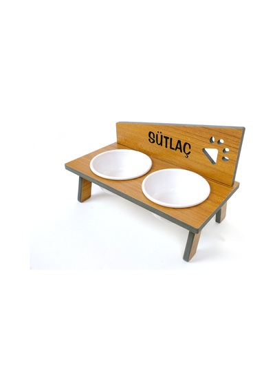 Kedi&köpek Mama Kabı Standı-özel İsim Baskılı-pençe Model-suya Dayanıklı-ceviz-beyaz Seramik-2 400ml