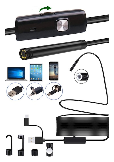 10metre 3-ın-1 Endoskop Kamera, Usb Ve Android, Type-c Bağlantılı, 6 Led Işıklı, Sert Kablo,su Geçirmez,yılan Kamera, Borescope
