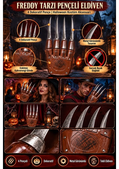 Halloween Freddy Tarzı 4 Pençeli Eldiven Metal Görünümlü Cadılar Bayramı Korku Kostüm Aksesuarı