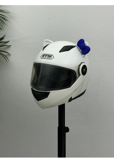 Motor & Motosiklet Koyu Mavi Fiyonklu Beyaz Kedi Kulak Kask Dış Aksesuarı Diğer