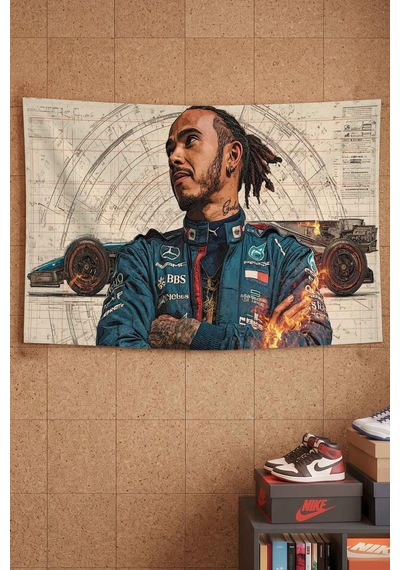 Formula 1 Pilotu Mavi Yarış Tulumu Blueprint Dekoratif Duvar Örtüsü Duvar Halısı Beyaz