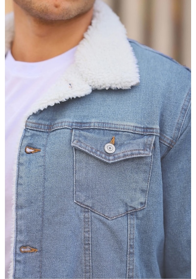 E-fendi Erkek Kürklü Denim Kot Mont Kışlık Sıcak Ve Şık Dış Giyim Buz Mavi - Krem