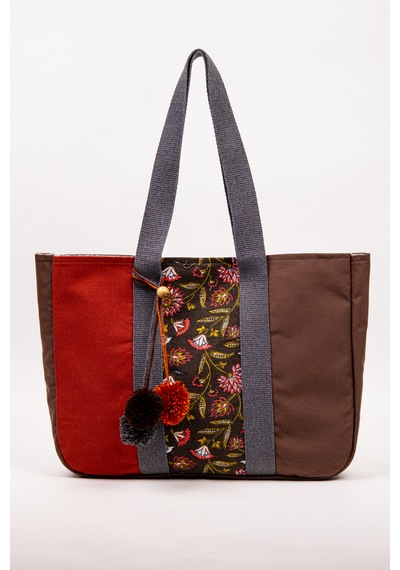 Fabric Craft Bag Omuz Çantası Kadın Duck Kumaş Desenli Büyük Boy Günlük Çanta Kahverengi - Bordo