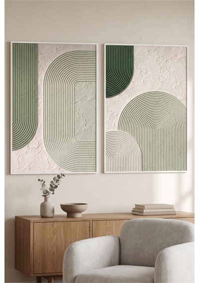 Beyaz Ahşap Çerçeveli Yeşil Geometrik Soyut Modern Duvar Tablosu 2 Li Set Beyaz