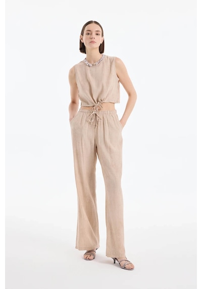 Quzu Beli Lastikli Bol Paça Bej Kadın Pantolon Pnt00454