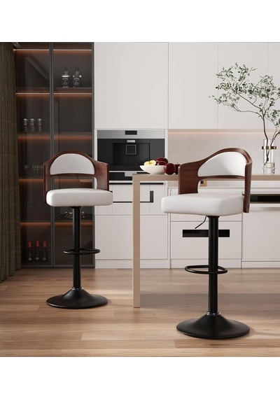 Hawthy Home Bar Taburesi 2'li Set, 360 Döner, Ayak Destekli, Sırtlıklı Sandalye Beyaz