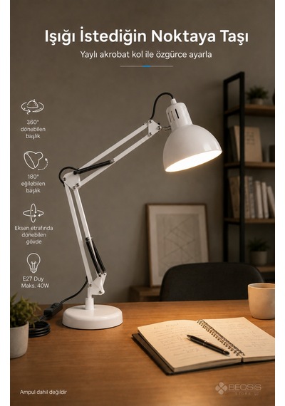 Metal Akrobat Masa Lambası Yaylı 360 Ayarlanabilir E27 Beyaz