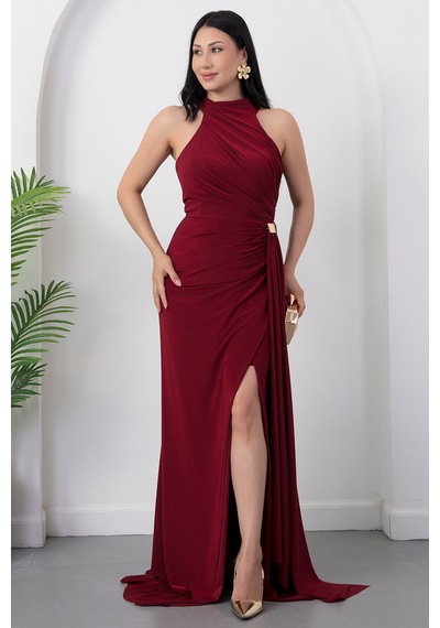 Kalopya Halter Yaka Drapeli Tokalı Abiye Elbise Ecr5862 Bordo