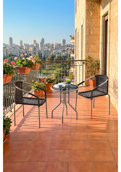 Evdemo Bistro 2 Kişilik Makrome Örgü Bahçe Balkon Oturma Seti Cam Masalı Cappuccino