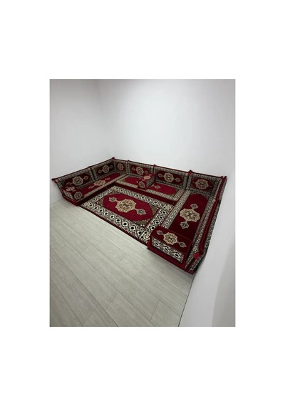 Güneş Modeli Bordo Otantik Şark Köşesi Takımı U Set - Geleneksel Yer Minderi Seti 10 Cm Minder Kalınlığı 15 Parça