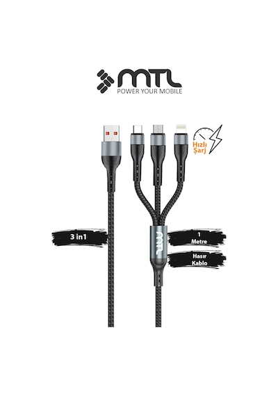 18w 3'ü 1 Arada 3in1 Ultra Hızlı Hasır Örgülü Şarj Ve Data Aktarım Kablosu 1 Metre Mt2511