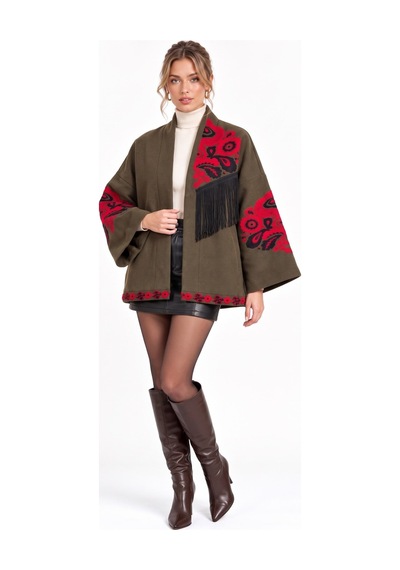 Saade Haki Etnik Çiçek Nakışlı Püsküllü Kimono Ceket