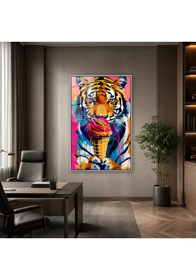 Dondurma Külahıyla Pop-art Kaplan Portresi Gümüş Çerçeveli Cam Tablo