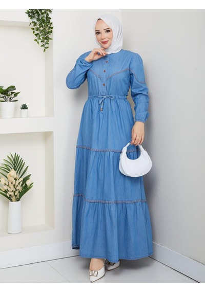 Hb Harma Time Butik Kadın Dantel Detaylı Düğmeli Ve Bağcıklı Açık Kot Mavi Elbise Açık Mavi