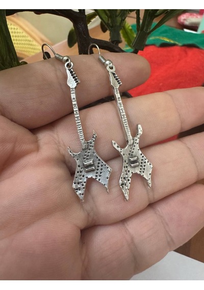 Rock Elektro Gitar Figürlü Gümüş Renk Unisex Sallantılı Küpe Çok Renkli