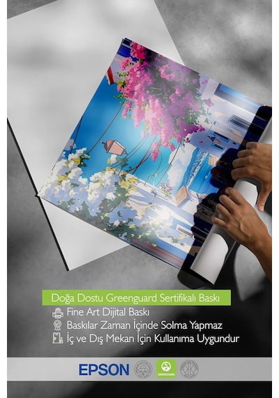 Zestia Beyaz Çerçeveli Tablo, Yunan Adası Sokak Manzarası, Balkon Dekoru Poster No: 111245 50 X 70