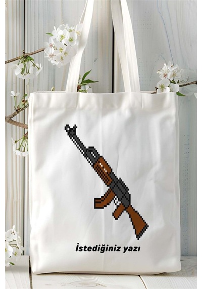 Art Hediye Ak-47 Kalaşnikof Baskılı Bez Çanta Kişiye Özel Model 5 Çok Renkli