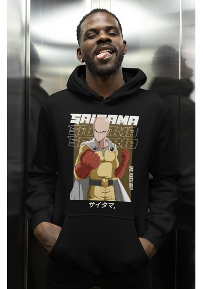 Sevbano Saitama One Punch Man Baskılı Unisex Oversize Anime Karakter Hood Siyah