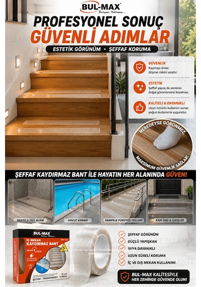 Şeffaf Kaydırmaz Bant 25 Mm X 5 Metre Kendinden Yapışkanlı Merdiven Banyo Havuz Kaydırmaz Güvenlik B