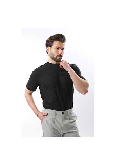 Madmext Siyah Dokulu Çizgi Tasarım Bisiklet Yaka Erkek T-shirt E7122 Siyah