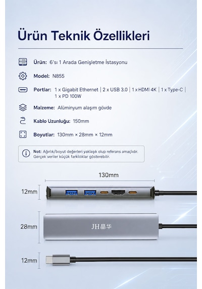Type-c 6sı 1 Arada Hub Adaptör, 4k Hdmı, Rj45 Gigabit Ethernet, Pd 100w Şarj, 2 Usb 3.0 Port, Macbook Laptop Tablet Uyumlu, Metal Gövde Docking Station N855