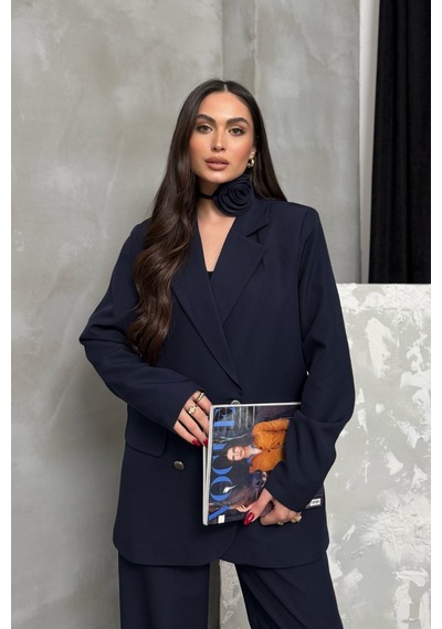 Msm Fashion Kadın İkili Blazer Ceket Pantolon Takım Aksesuar Ve Düğme Detaylı Bol Paça Lacivert Msm Fashion Kadın İkili Blazer Ceket Pantolon Takım Aksesuar Ve Düğme Detaylı Bol Paça Lacivert