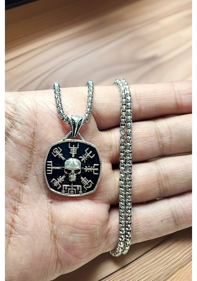 Gümüş Kaplama K-142 Paslanmaz Kromix Erkek Madalyon İskandinav Viking Vegvisir Koruma Sembolleri Gri