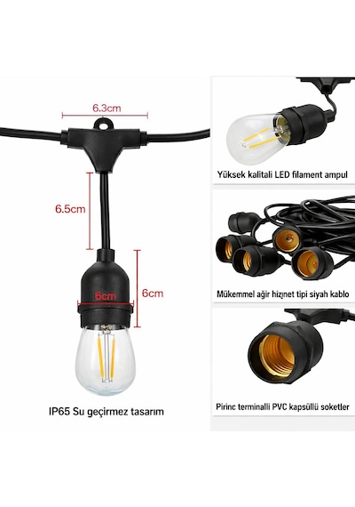 Güneş Enerjili Solar 10 Adet S14 Led Ampullü 10 Metre Led Işık Seti 10 Ampul