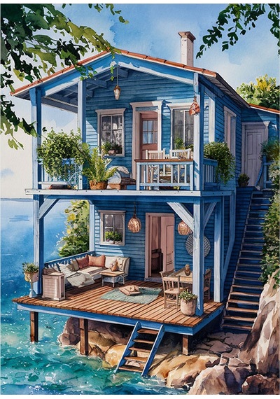 Deniz Kenarındaki Mavi Ev Modern Ahşap Tablo 35cm X50cm