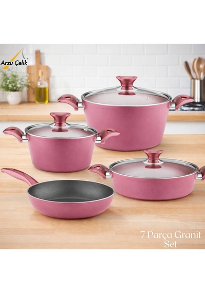 7 Parça Granit Set Cam Kapak - Mürdüm Mürdüm
